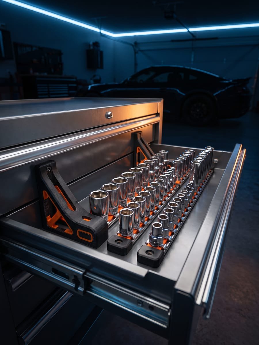 Gaveta de caixa de ferramentas com suportes automotivos impressos em 3D e soquetes cromados