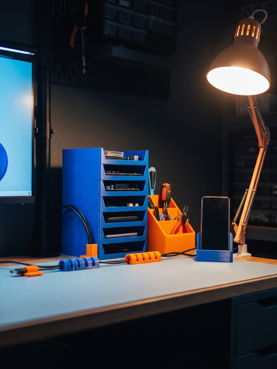 Estação de bancada com torre de bandejas e organizador de ferramentas impressos em 3D