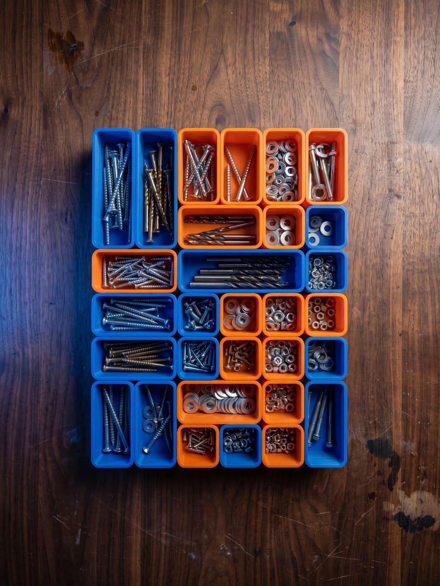 Vista superior de organizadores modulares impressos em 3D em azul e laranja com parafusos e brocas separados