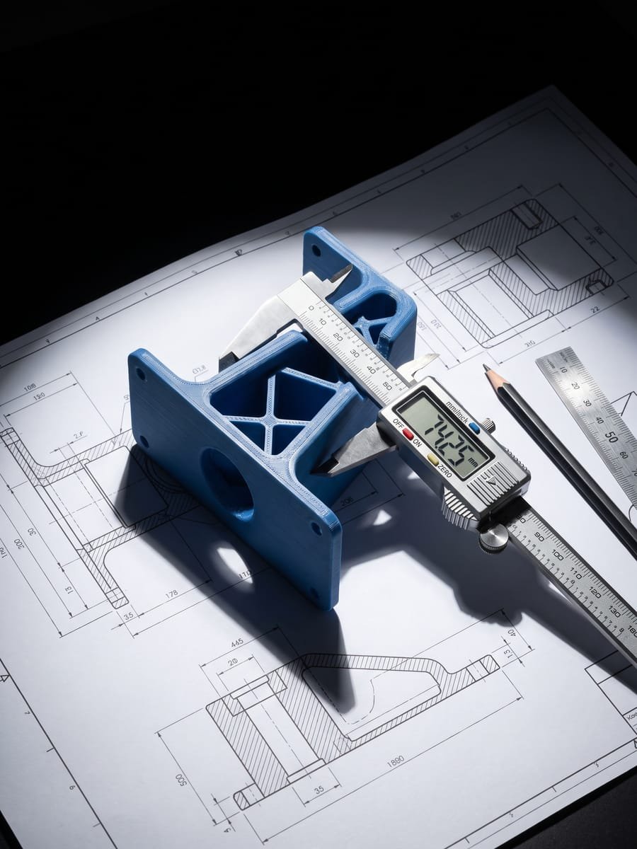 Peça impressa em 3D sob medida sobre desenho técnico, medida com paquímetro
