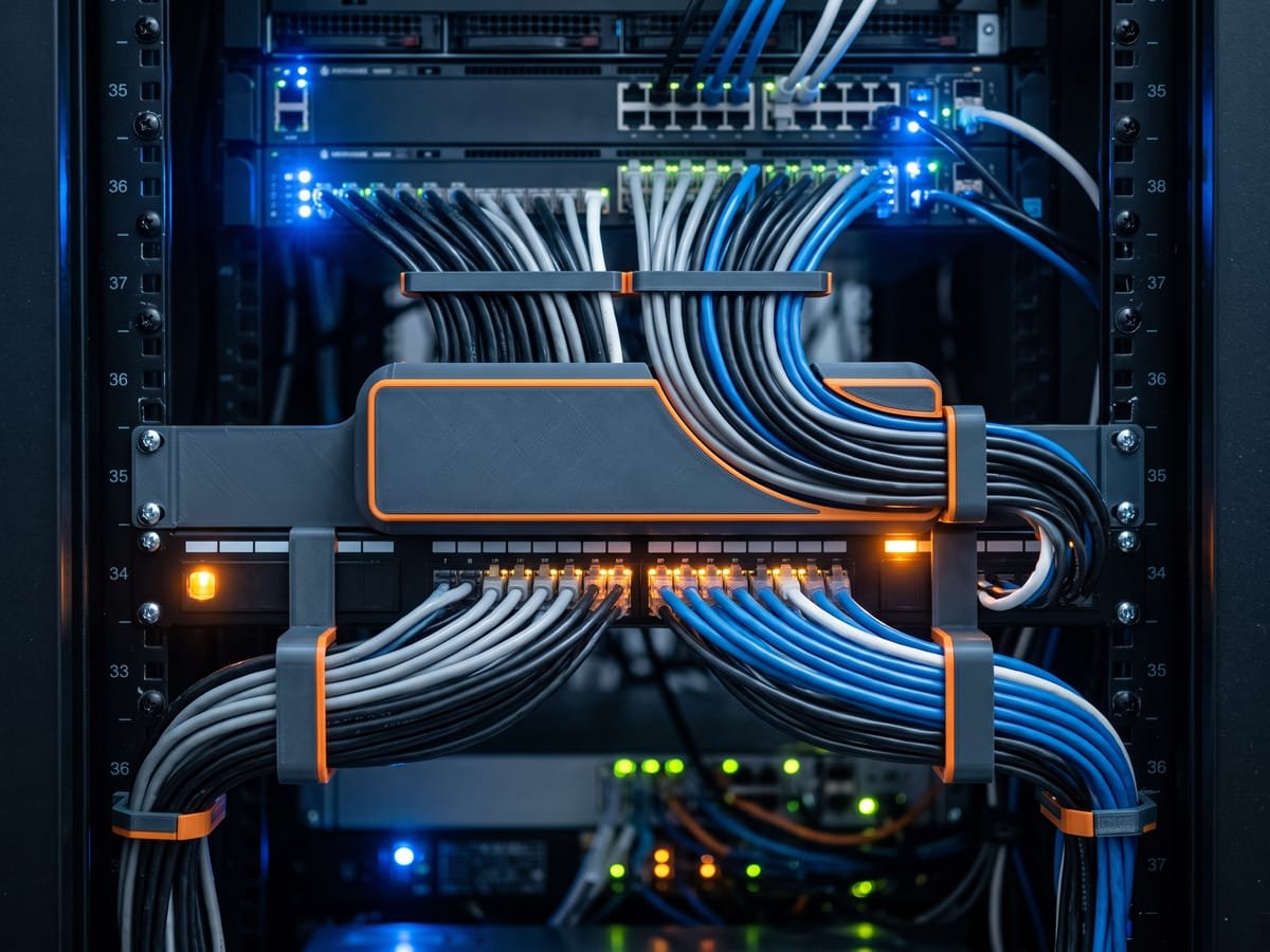 Caixa impressa em 3D com organização de cabos em rack técnico