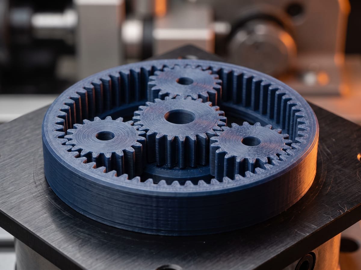 Conjunto de engrenagens impressas em 3D em azul encaixadas
