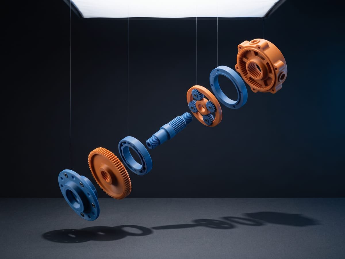 Componentes impressos em 3D em azul e laranja suspensos em vista explodida