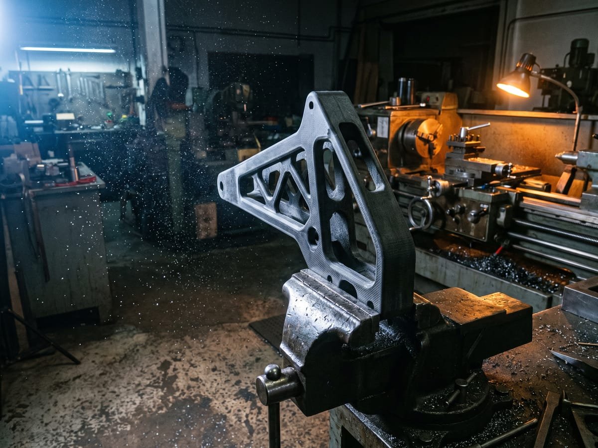 Suporte estrutural impresso em 3D preso em uma morsa de bancada