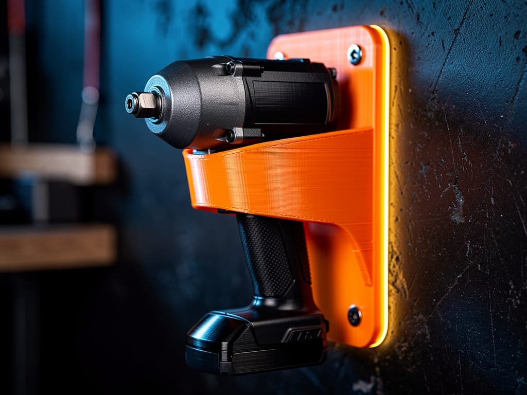 Dock de parede laranja impresso em 3D segurando chave de impacto sem fio
