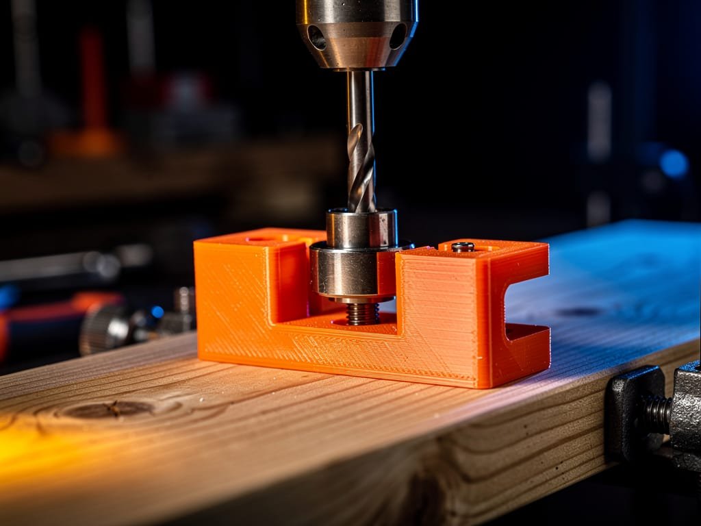 Gabarito de furação laranja impresso em 3D fixado em bancada de madeira