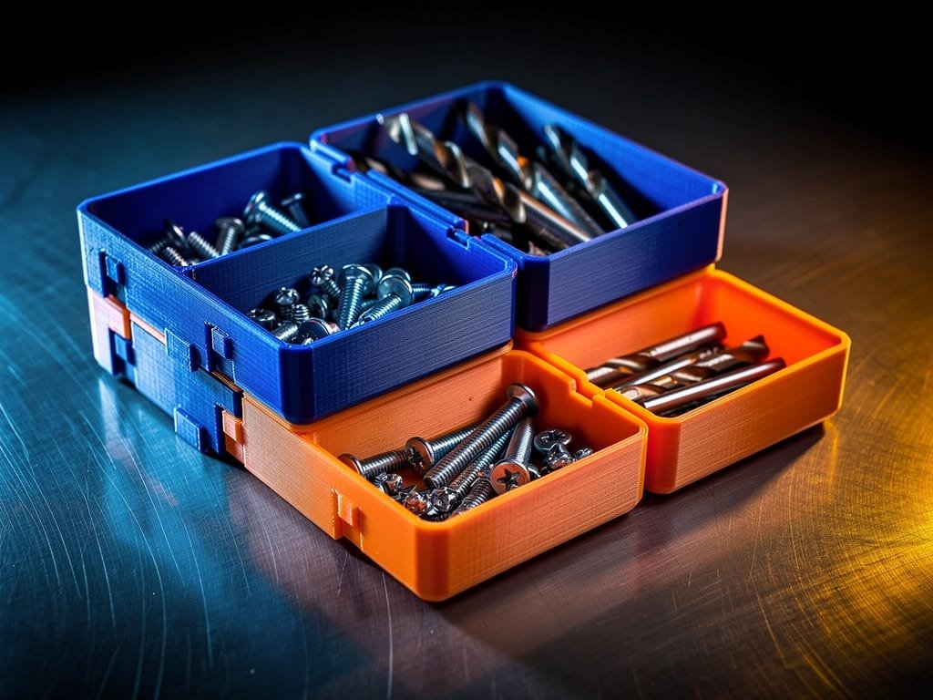 Sistema modular de organização de bancada impresso em 3D em azul e laranja