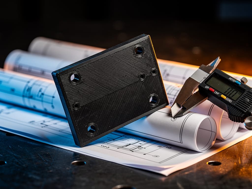 Suporte industrial impresso em 3D em nylon com fibra de carbono sobre projetos técnicos